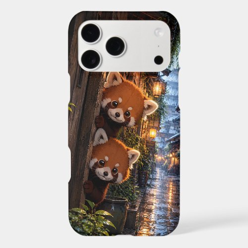 Cute Peeking Red Pandas Rainy Lantern Street iPhone 17 Pro Max Case