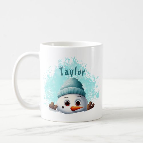 Cute Peeking Snowman Face Light Blue Snowflakes Coffee Mug