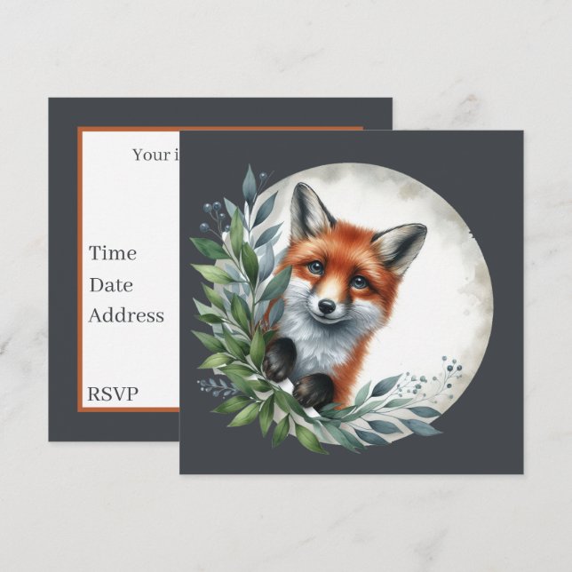 Cute peeking woodland fox party invitation (Front/Back)