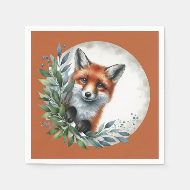 Cute peeking woodland fox party napkins (Front)