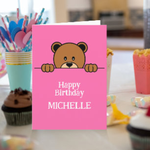 Cute Peeping Bear Cartoon Happy Birthday Pink Card
