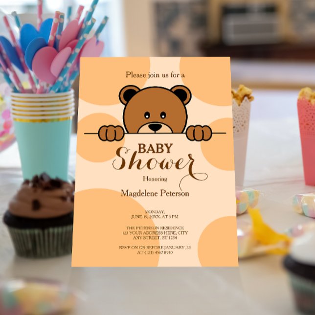 Cute Peeping Bear | Polka Dot | Peach Baby Shower Invitation (Creator Uploaded)