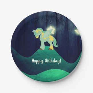 Cute Pegasus Asleep with Star Happy Birthday Horse Paper Plate