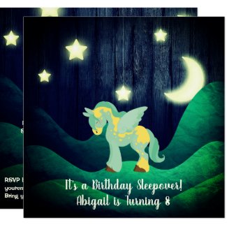 Cute Pegasus, Moon, Stars Sleepover Horse Birthday Invitation