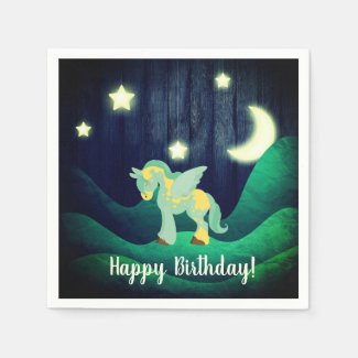 Cute Pegasus with Stars, Moon Horse Happy Birthday Napkin