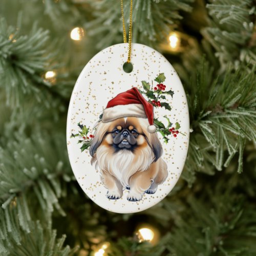 Cute Pekingese Dog Christmas Holly Ceramic Ornament