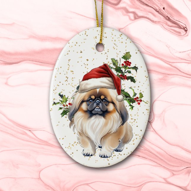 Cute Pekingese Dog Christmas Holly Ceramic Ornament (Creator Uploaded)