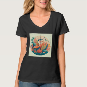 Cute Pelican Illustration Ocean Anchor Colorful Wo T-Shirt