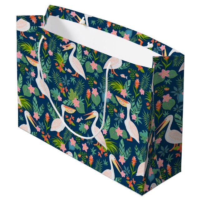 Cute pelicans colorful tropical flowers pattern large gift bag (Back Angled)