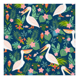 Cute pelicans colorful tropical flowers pattern photo print