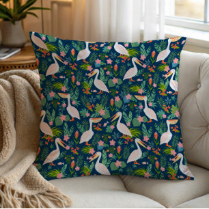 Cute pelicans colorful tropical flowers pattern throw pillow
