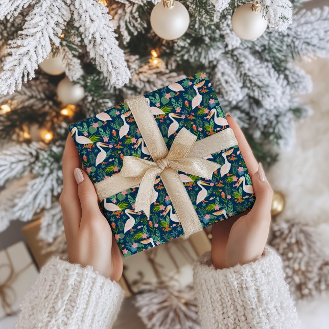 Cute pelicans colorful tropical flowers pattern wrapping paper (Creator Uploaded)