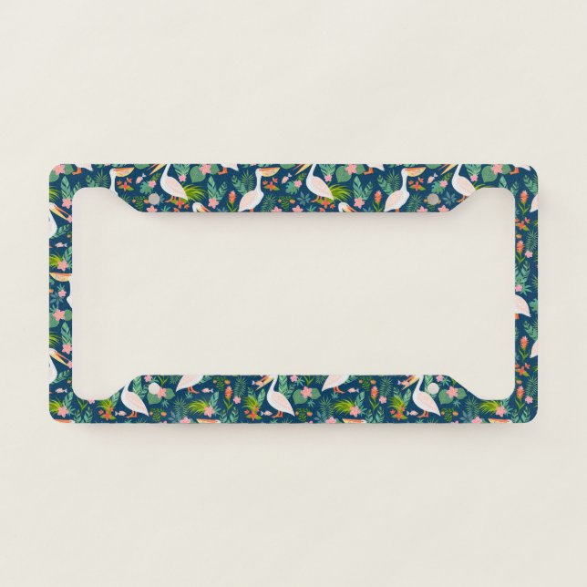 Cute pelicans with tropical leaves and flowers license plate frame (Front)