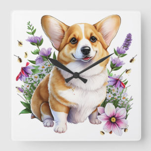 CUTE PEMBROKE WELSH CORGI WITH FLOWERS SQUARE WALL CLOCK