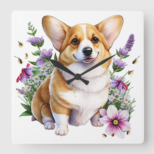 CUTE PEMBROKE WELSH CORGI WITH FLOWERS SQUARE WALL CLOCK (Front)