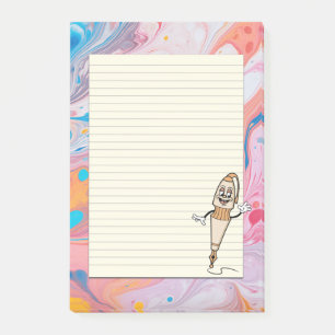 Cute pen mascot on colorful marble background post-it notes