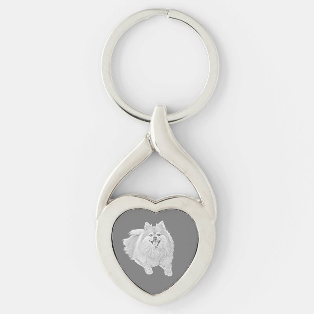 Cute Pencil Pomeranian Dog Heart Key Chain (Front)
