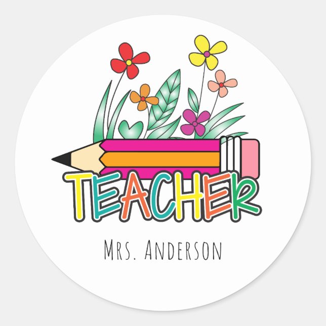 Cute Pencil Sticker Teachers Name (Front)
