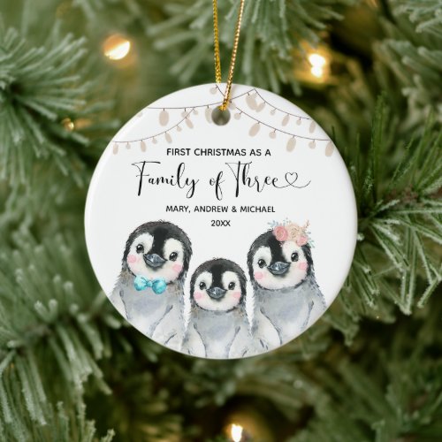 Cute Penguin 1st Christmas as a Family of Three Ceramic Ornament
