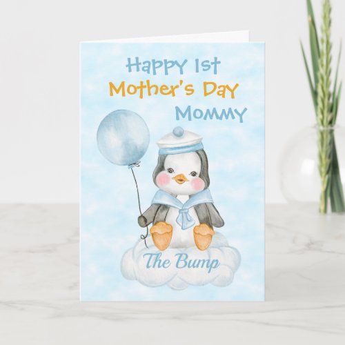 Cute Penguin 1st Mothers Day Blue Card