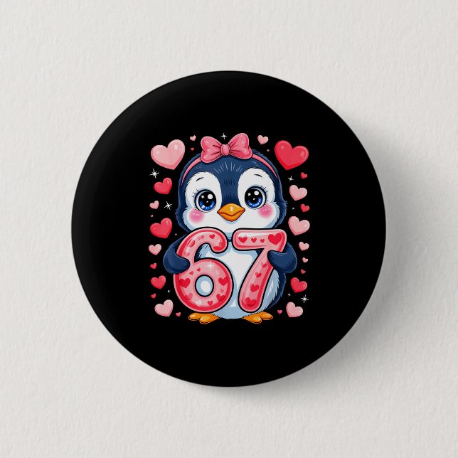 Cute Penguin 67 Six Seven Valentine Hearts 6 7 Mem Button (Front)