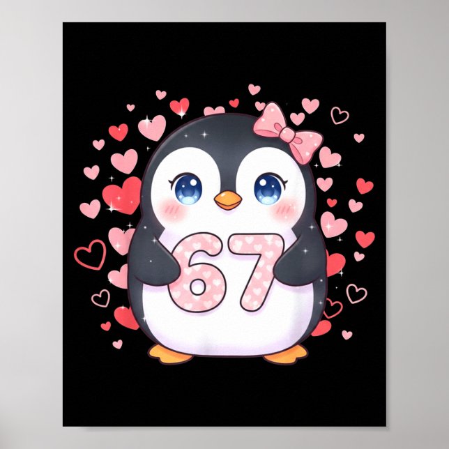 Cute Penguin 67 Six Seven Valentine Hearts 6 7 Mem Poster (Front)