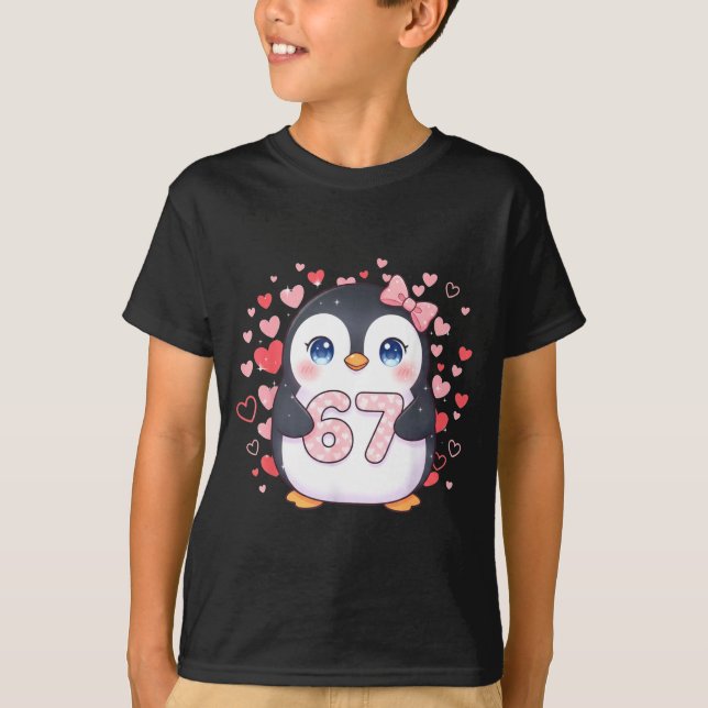 Cute Penguin 67 Six Seven Valentine Hearts 6 7 Mem T-Shirt (Front)
