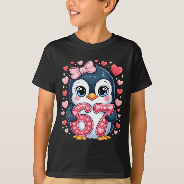 Cute Penguin 67 Six Seven Valentine Hearts 6 7 Mem T-Shirt (Front)