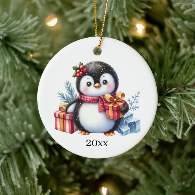 Cute penguin add date and message Christmas Ceramic Ornament (Tree)