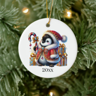 Cute penguin add date and message Christmas Ceramic Ornament