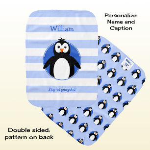 Cute penguin add name custom text blue striped baby burp cloth