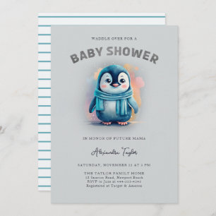 Cute Penguin Adorable Watercolor Boy Baby Shower Invitation