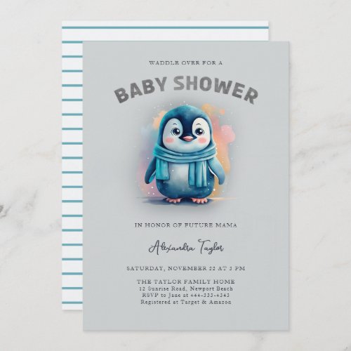 Cute Penguin Adorable Watercolor Boy Baby Shower Invitation