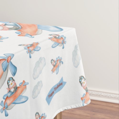 Cute Penguin Airplane Birthday Party Tablecloth