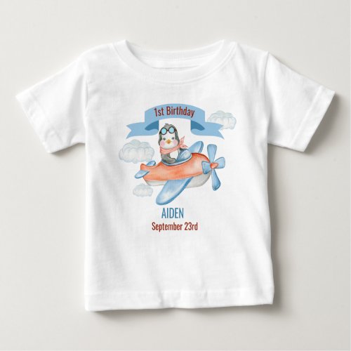 Cute Penguin Airplane Blue 1st Birthday Baby T_Shirt