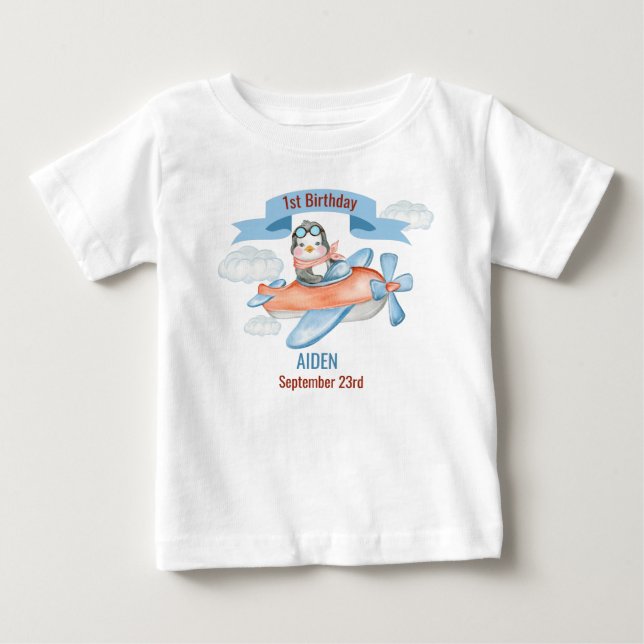 Cute Penguin Airplane Blue 1st Birthday Baby T-Shirt (Front)