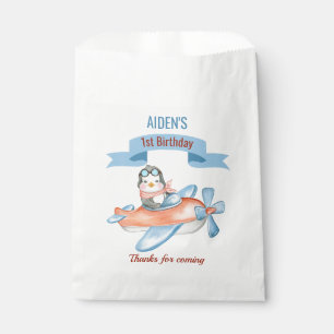 Cute Penguin Airplane Blue 1st Birthday Favor Bag