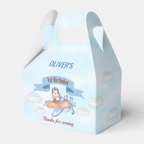 Cute Penguin Airplane Blue 1st Birthday Favor Boxes