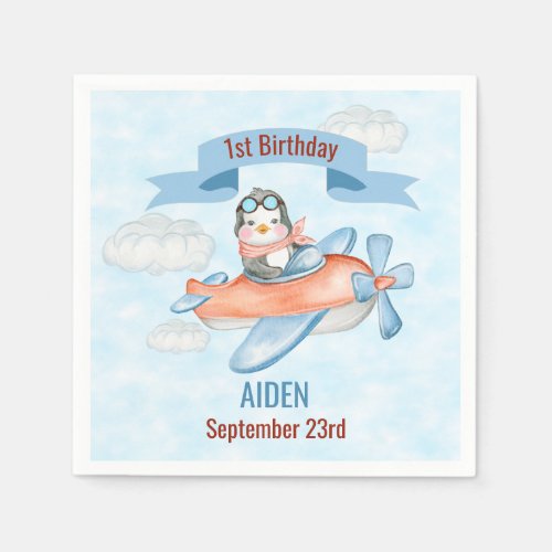 Cute Penguin Airplane Blue 1st Birthday Napkins