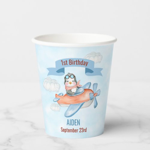Cute Penguin Airplane Blue 1st Birthday Paper Cups
