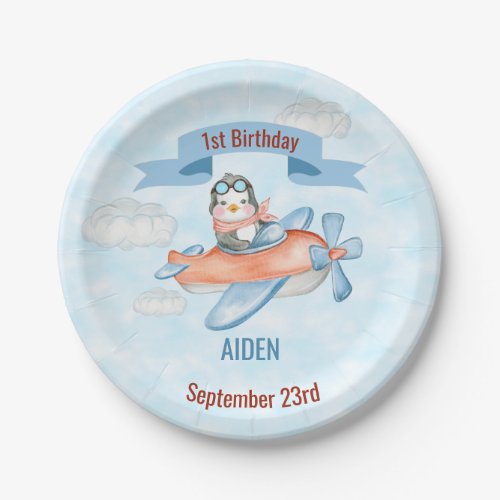 Cute Penguin Airplane Blue 1st Birthday  Paper Plates
