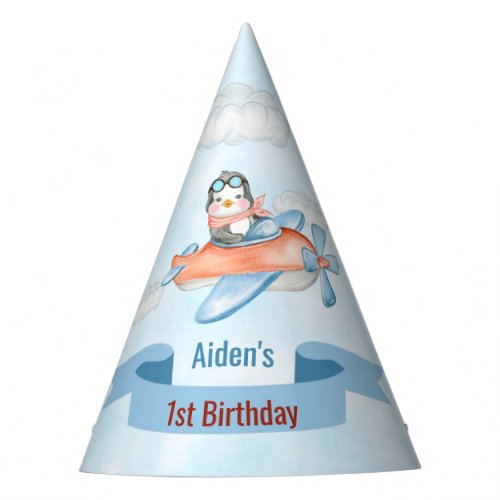 Cute Penguin Airplane Blue 1st Birthday Party Hat