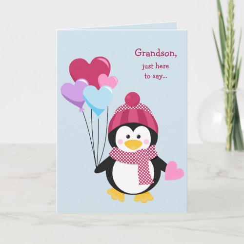 Cute Penguin and Balloons Grandson Valentine Holiday Card