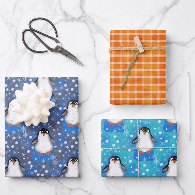 Cute Penguin and Iceberg Winter Pattern Wrapping Paper Sheets (Front)