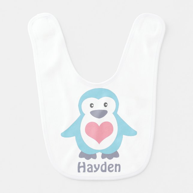 Cute Penguin and Pink Heart Personalised Baby Bib (Front)