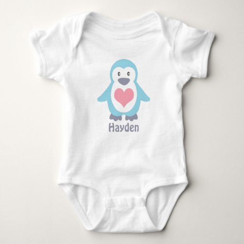 Cute Penguin and Pink Heart Personalised Baby Bodysuit
