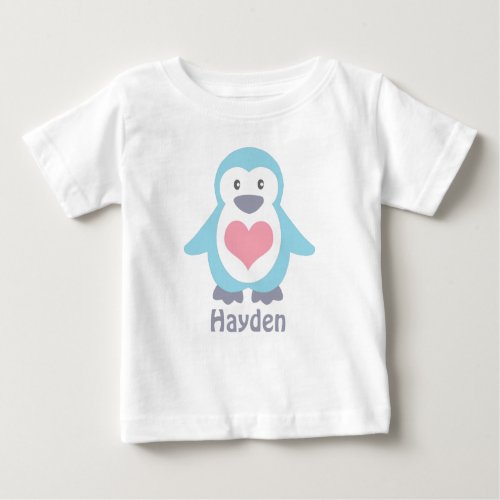 Cute Penguin and Pink Heart Personalised Baby T_Shirt