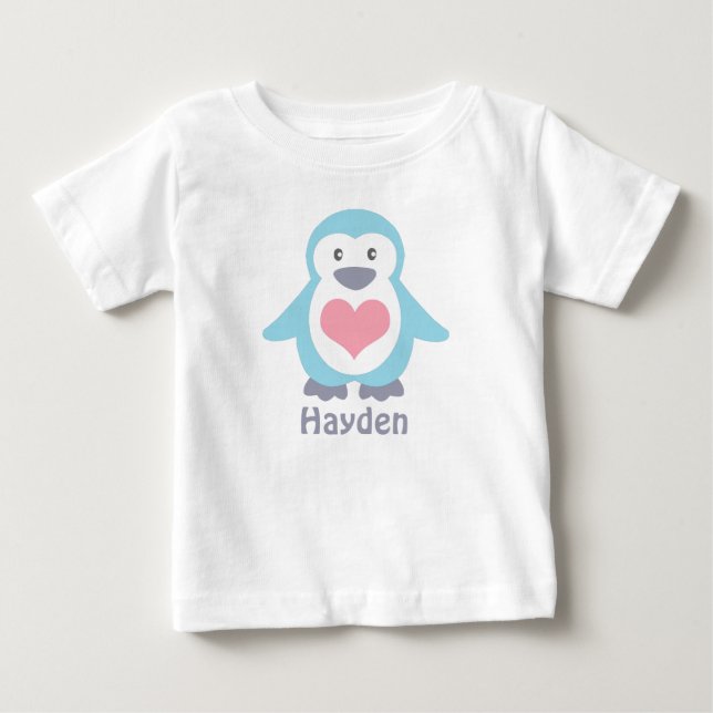 Cute Penguin and Pink Heart Personalised Baby T-Shirt (Front)