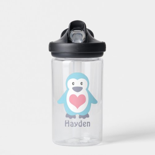 Cute Penguin and Pink Heart Personalised Water Bottle