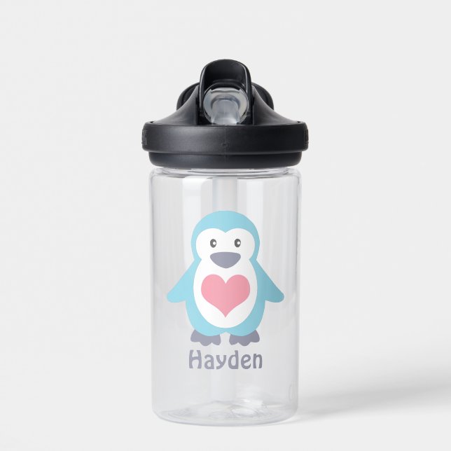 Cute Penguin and Pink Heart Personalised Water Bottle (Front)
